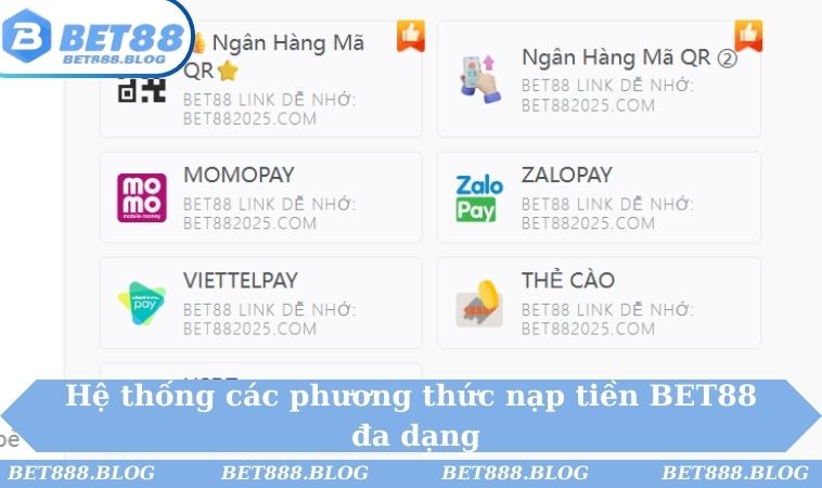 Hệ thống các phương thức nạp tiền BET88 đa dạng Hệ thống các phương thức nạp tiền BET88 đa dạng